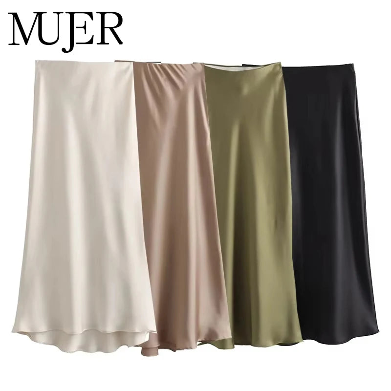 Woman 2025 Satin Skirt Women High Waist Long Skirts for Women Summer Black Midi Skirt Woman Office Elegant Women'S Skirts